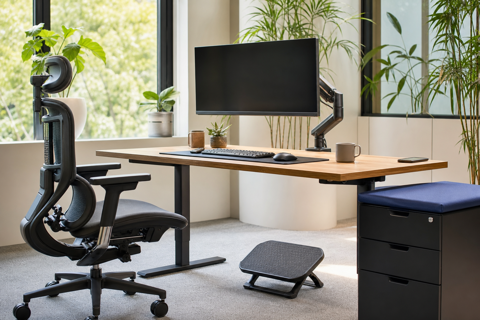 Ergonomic work desk setup